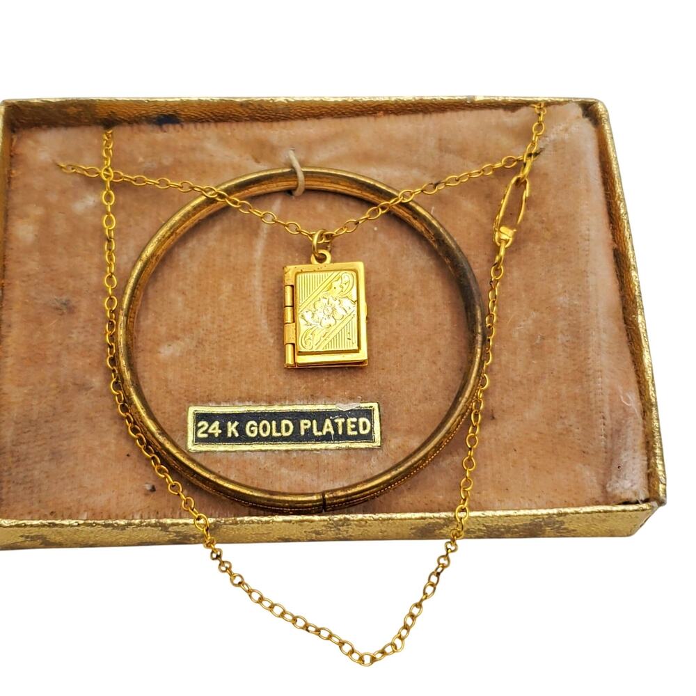 Vintage 24K Gold Plated Child's Jewelry Bracelet Locket Necklace Hinged Bangle